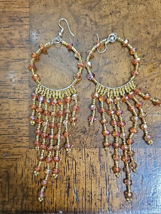 Jewelry - HUICHOL Gold and Amber Beaded Fringe Hoop Earrings - Women's Jewelry